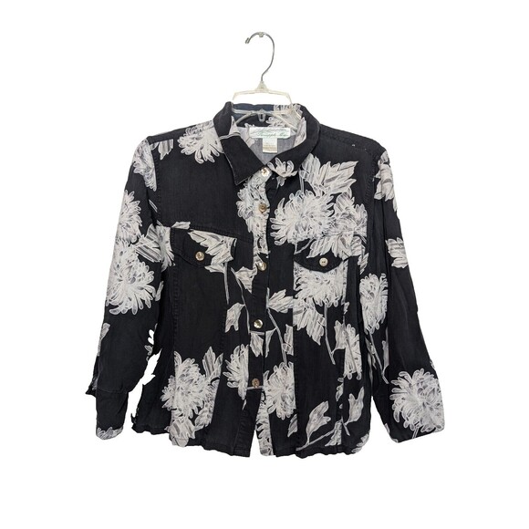 Vtg Pineapple Moon Womens Silk Hawaiian Camp Shirt Sz S Black White Floral - Picture 1 of 7
